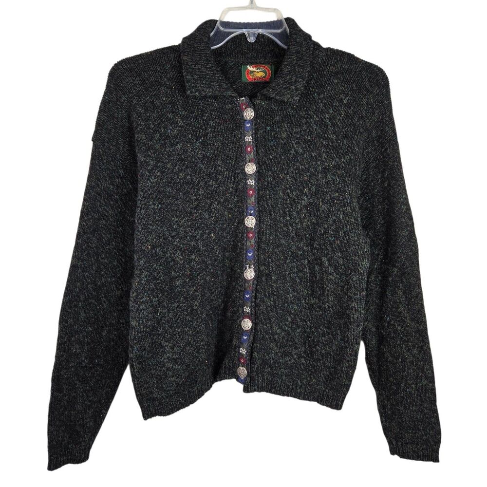 Vtg Alps Wool Blend Cardigan Sweater XL Heather Black Floral Trim